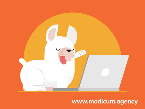 Animated dog typing on notebook